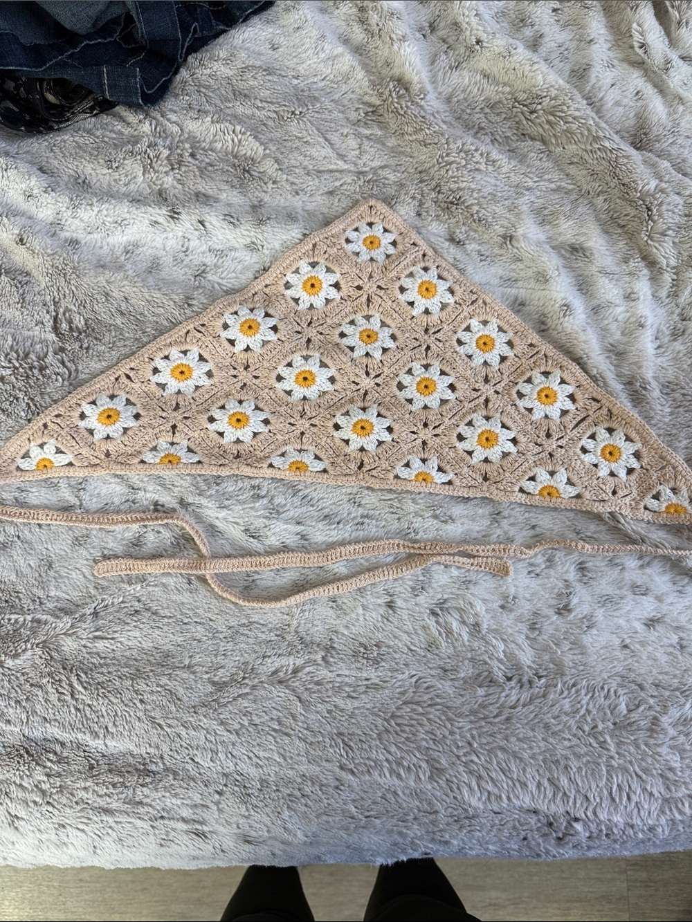Handmade Beige Daisy Crochet Bandana Scarf head wrap